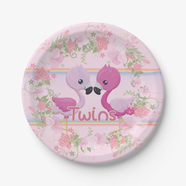 Pink Flamingo Twins baby shower Paper Plates (Front)