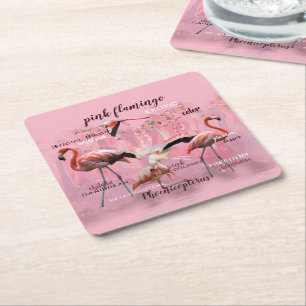 Pink Flamingo Typography Customized Square Paper Coaster