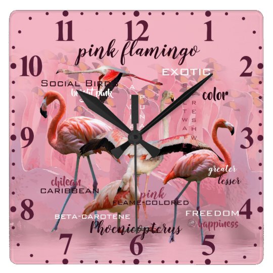 Pink Flamingo Typography | Customized Square Wall Clock | Zazzle.com