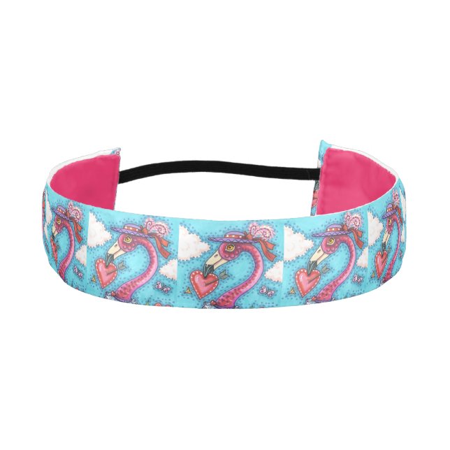PINK FLAMINGO VALENTINE HEARTS, CUTE LOVE BIRDS ATHLETIC HEADBAND (Front)