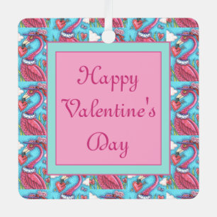 PINK FLAMINGO VALENTINE HEARTS, CUTE LOVE BIRDS METAL ORNAMENT