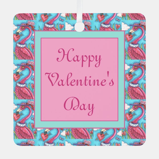PINK FLAMINGO VALENTINE HEARTS, CUTE LOVE BIRDS METAL ORNAMENT (Front)