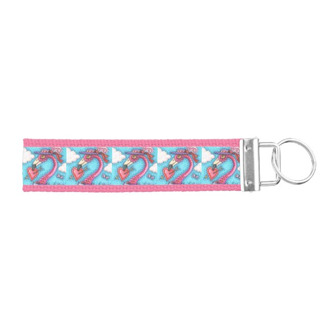 PINK FLAMINGO VALENTINE HEARTS, CUTE LOVE BIRDS WRIST KEYCHAIN (Keys on Right)