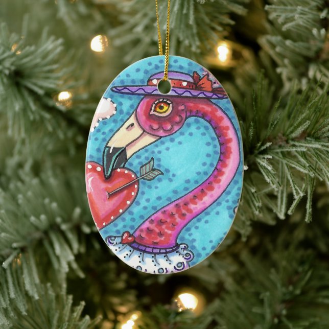 PINK FLAMINGO VALENTINE HEARTS, LOVE BIRD WHIMSY CERAMIC ORNAMENT (Tree)