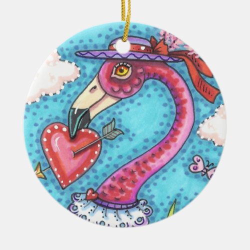 PINK FLAMINGO VALENTINE HEARTS LOVE BIRD WHIMSY CERAMIC ORNAMENT