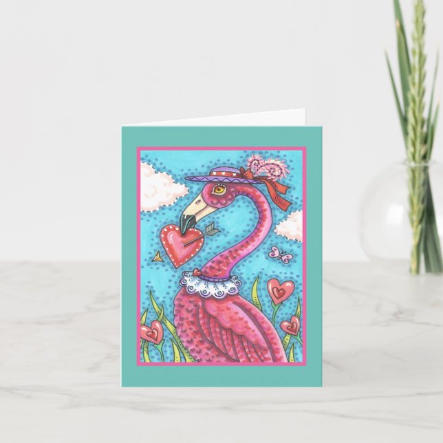 PINK FLAMINGO VALENTINE HEARTS, LOVE BIRD WHIMSY HOLIDAY CARD (Front)
