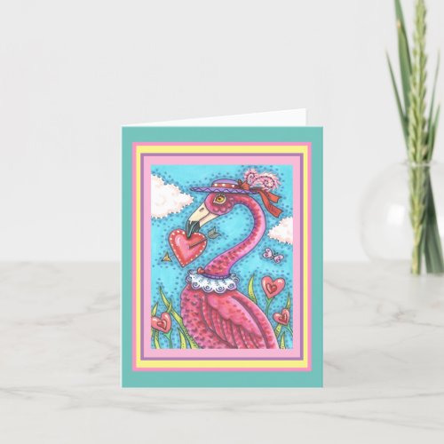 PINK FLAMINGO VALENTINE HEARTS LOVE BIRD WHIMSY HOLIDAY CARD