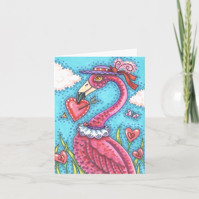 PINK FLAMINGO VALENTINE HEARTS, LOVE BIRD WHIMSY HOLIDAY CARD (Front)