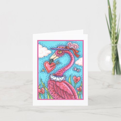 PINK FLAMINGO VALENTINE HEARTS LOVE BIRD WHIMSY HOLIDAY CARD