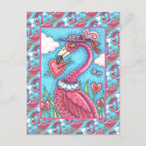 PINK FLAMINGO VALENTINE HEARTS LOVE BIRD WHIMSY HOLIDAY POSTCARD