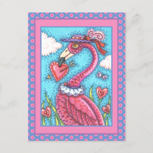 PINK FLAMINGO VALENTINE HEARTS LOVE BIRD WHIMSY HOLIDAY POSTCARD