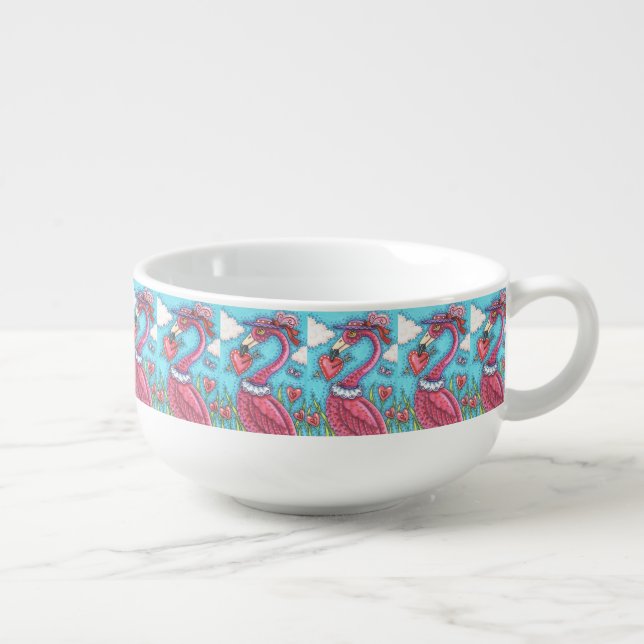 PINK FLAMINGO VALENTINE HEARTS, LOVE BIRD WHIMSY SOUP MUG (Left)