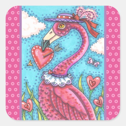 PINK FLAMINGO VALENTINE HEARTS LOVE BIRD WHIMSY SQUARE STICKER
