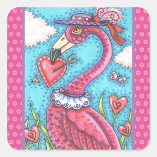 PINK FLAMINGO VALENTINE HEARTS, LOVE BIRD WHIMSY SQUARE STICKER
