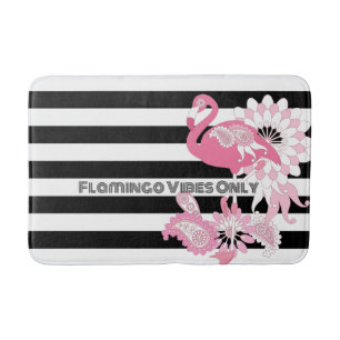 Pink Flamingo Vibes Only Black & White Striped Bath Mat