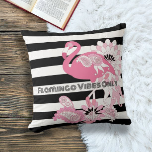Pink Flamingo Vibes Only Black & White Striped Throw Pillow