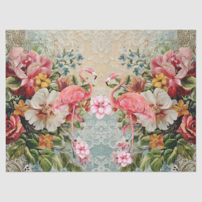 Pink Flamingo & Vintage Floral Decoupage  Tissue Paper (Front)