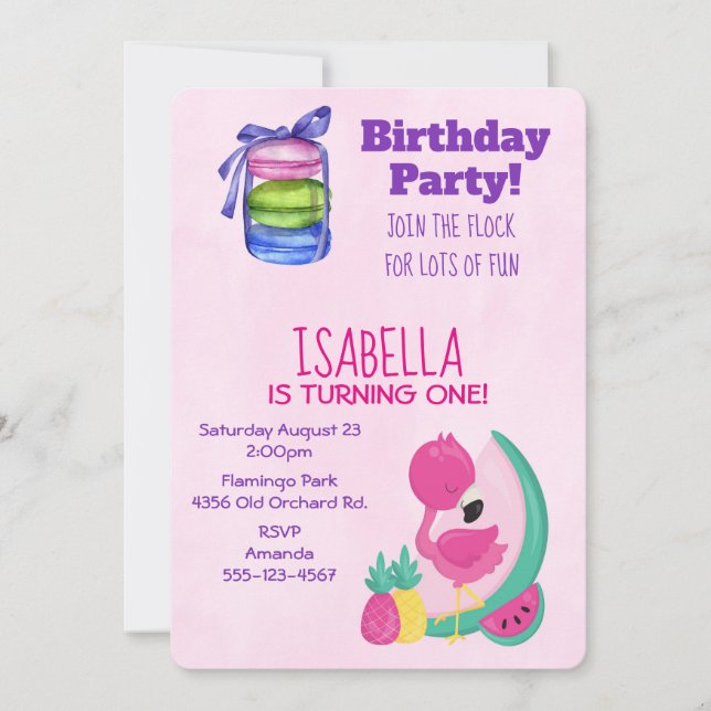 Pink Flamingo w/ Fruits & Macarons Birthday Party Invitation (Front)