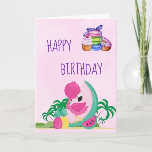 Pink Flamingo w Fruits  Macarons Happy Birthday Card