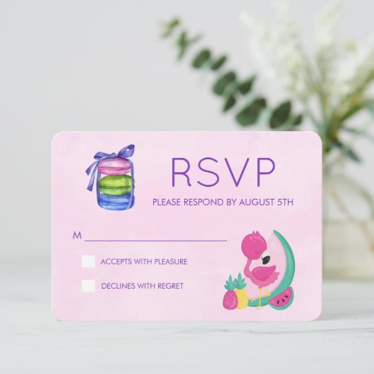 Pink Flamingo w/ Fruits & Macarons RSVP Response (Standing Front)