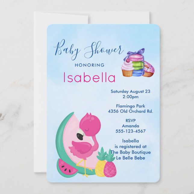 Pink Flamingo w/ Tropical Fruits Baby Shower Invitation (Front)