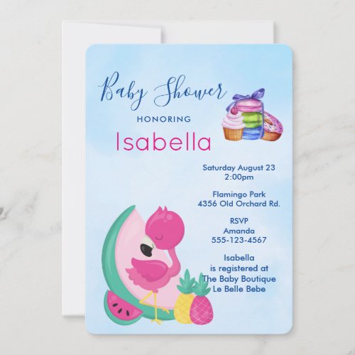 Pink Flamingo w Tropical Fruits Baby Shower Invitation