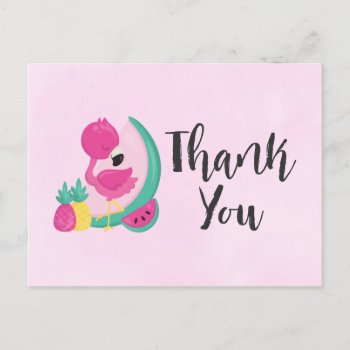 Pink Flamingo W/ Tropical Fruits On Pink Thank You Postcard by Mirribug at Zazzle