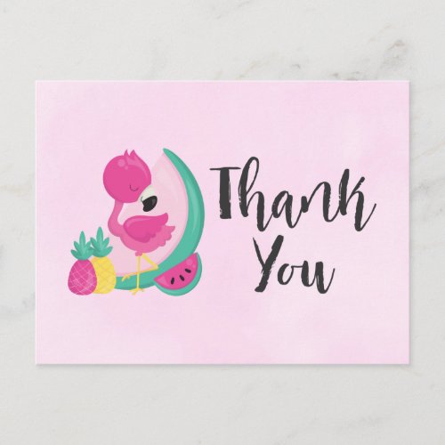 Pink Flamingo w Tropical Fruits on Pink Thank You Postcard