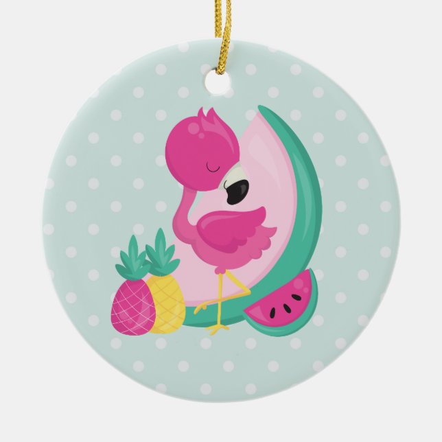 Pink Flamingo w/ Tropical Fruits on Polka Dots Ceramic Ornament (Front)