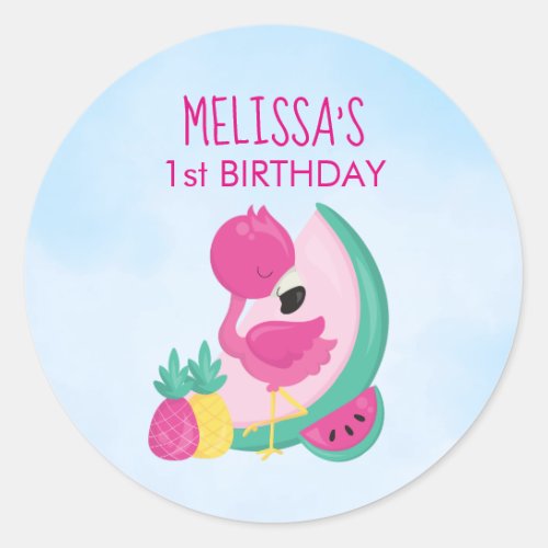 Pink Flamingo w Watermelon  Pineapples Birthday Classic Round Sticker