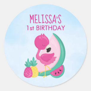 Pink Flamingo w/ Watermelon & Pineapples Birthday Classic Round Sticker