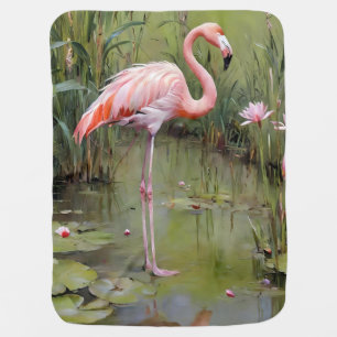 Pink Flamingo Water Lilies And Reeds Oil Painting, Baby Blanket