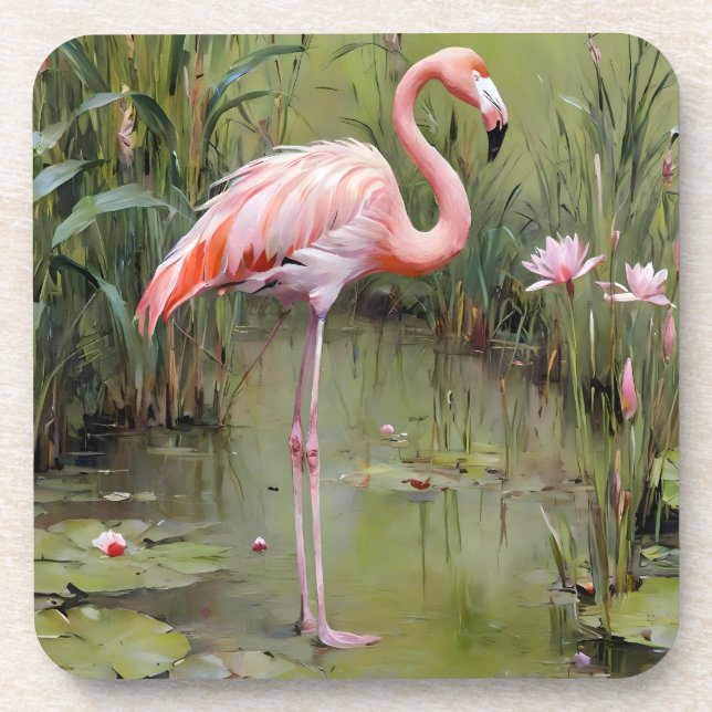 Pink Flamingo Water Lilies And Reeds Oil Painting, Beverage Coaster (Front)