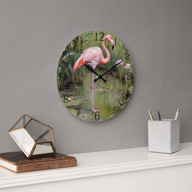 Pink Flamingo Water Lilies And Reeds Oil Painting, Large Clock (Office)