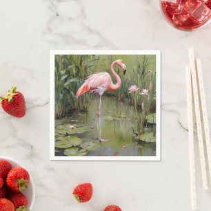 Pink Flamingo Water Lilies And Reeds Oil Painting, Napkins