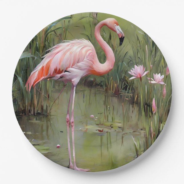 Pink Flamingo Water Lilies And Reeds Oil Painting, Paper Plates (Front)