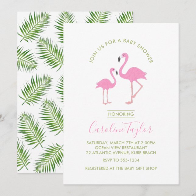Pink Flamingo Watercolor Baby Shower Invitation (Front/Back)