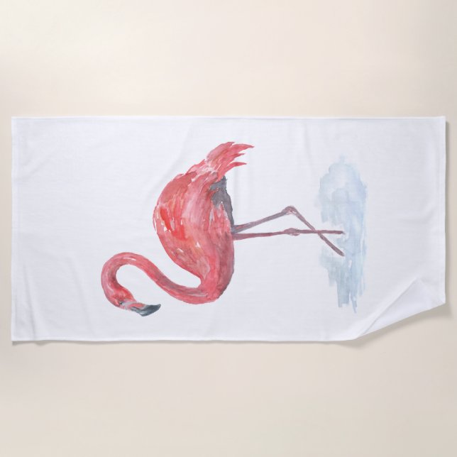 Pink Flamingo, watercolor . Beach Towel (Front)