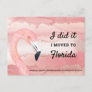 Pink Flamingo Watercolor Clouds I Moved to Florida Announcement Postcard