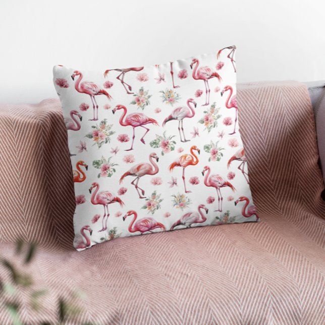 Pink Flamingo Watercolor Floral  Throw Pillow (Creator Uploaded)
