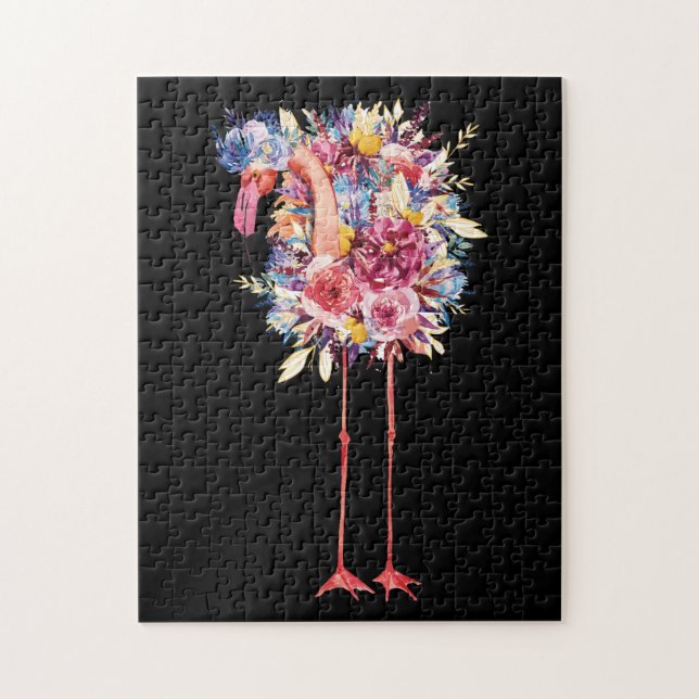 Pink Flamingo Watercolor Hawaiian Flowers Floral Jigsaw Puzzle (Vertical)