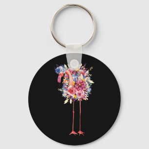 Pink Flamingo Watercolor Hawaiian Flowers Floral Keychain
