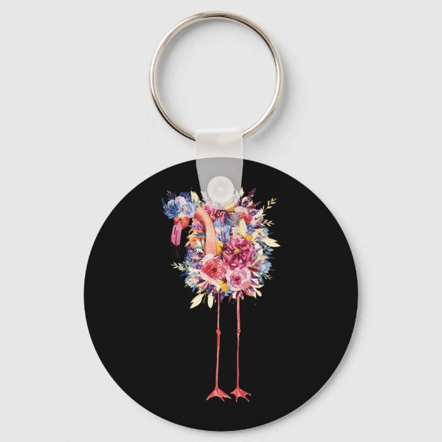 Pink Flamingo Watercolor Hawaiian Flowers Floral Keychain (Front)