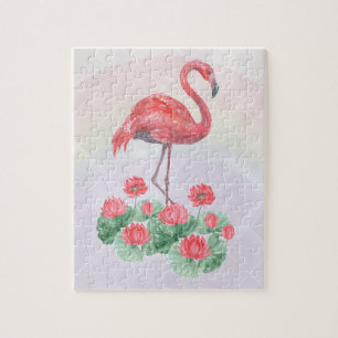 Pink Flamingo watercolor lilies Jigsaw Puzzle