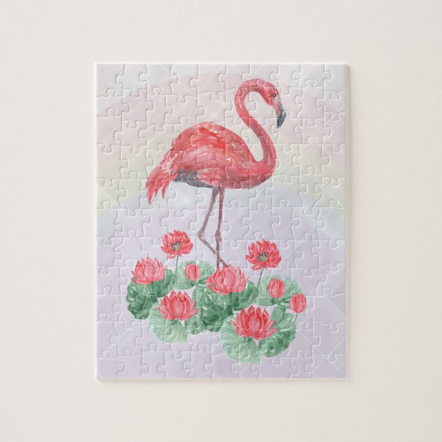 Pink Flamingo watercolor lilies Jigsaw Puzzle (Vertical)