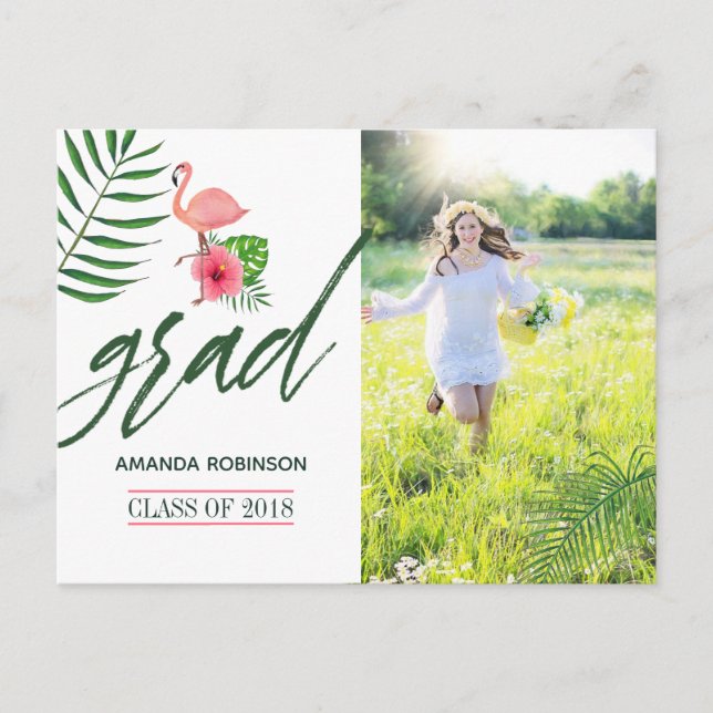 Pink Flamingo Watercolor Luau Grad Announcement (Front)