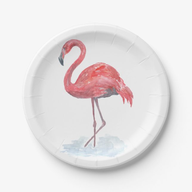 Pink Flamingo, watercolor . Paper Plates (Front)
