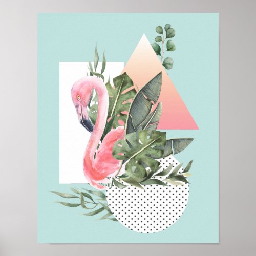 Pink Flamingo Watercolor Tropical Collage Poster