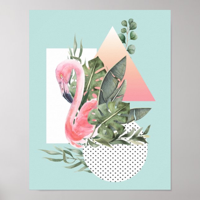 Pink Flamingo Watercolor Tropical Collage Poster (Front)