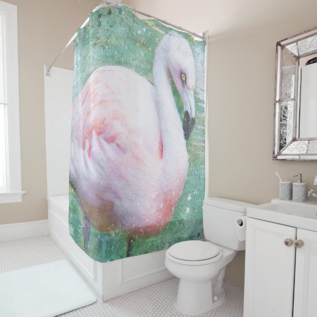 Pink Flamingo Watercolor Tropical Fine Art Shower Curtain (In Situ)